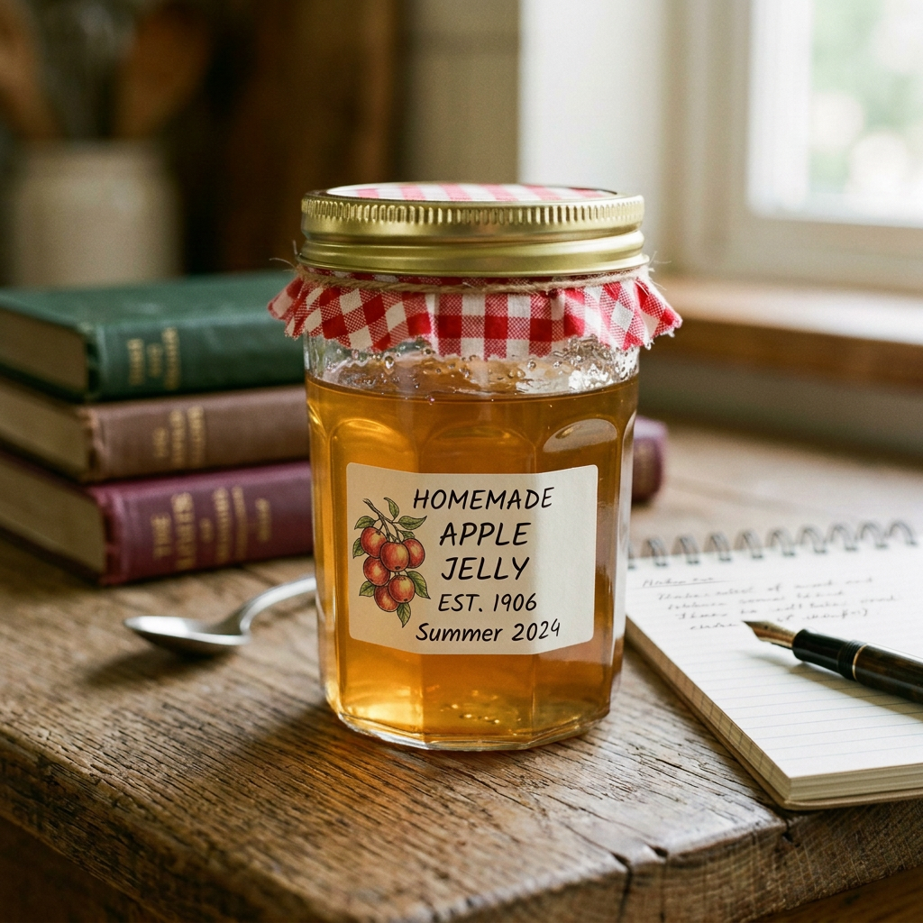 Jar of homemade Apple jelly labeled 'All Natural - with red-checkered fabric on lid